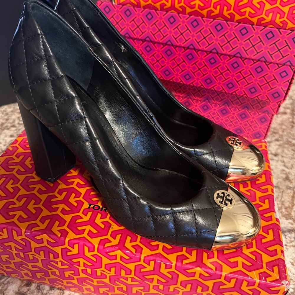 Tory Burch Black Quilted 4” Heels with Gold Toes
